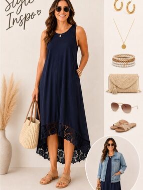 Nina Leonard Navy Hi Low Lace Hem Sleeveless Stretch Midi Dress L